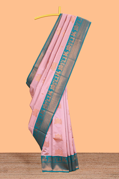 Pink pallakku design zari buttas litchi silk saree with contrast zari border and blouse