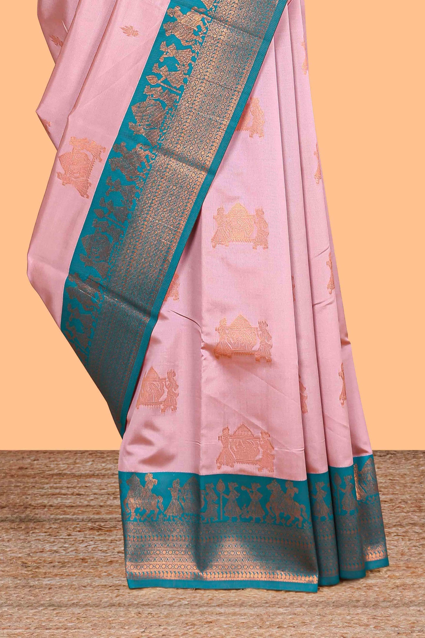 Pink pallakku design zari buttas litchi silk saree with contrast zari border and blouse