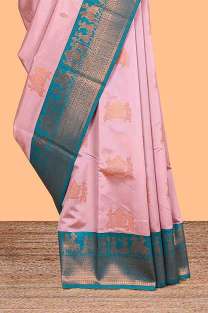 Pink pallakku design zari buttas litchi silk saree with contrast zari border and blouse