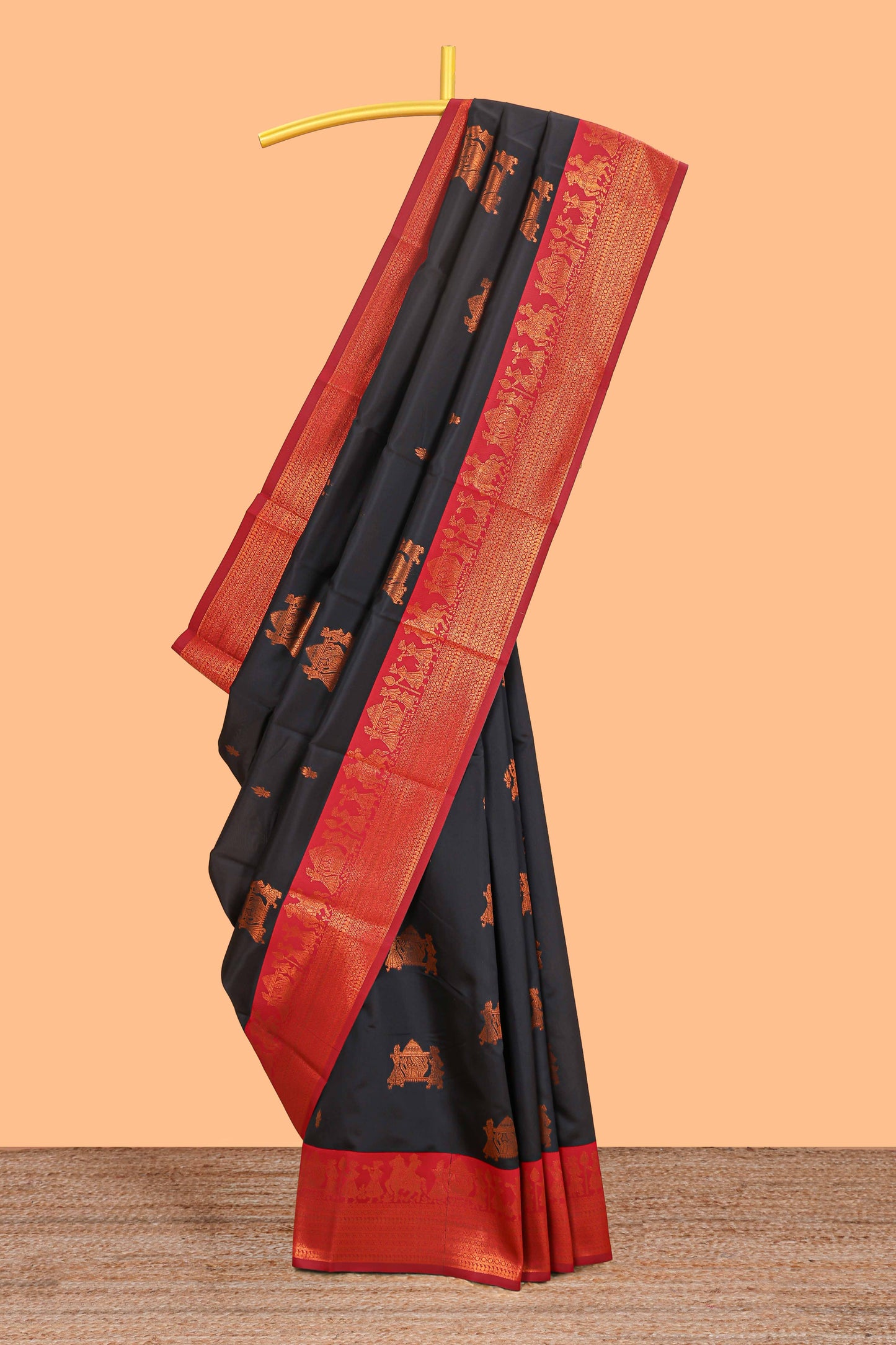 Black pallakku design zari buttas litchi silk saree with contrast zari border and blouse