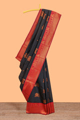 Black pallakku design zari buttas litchi silk saree with contrast zari border and blouse