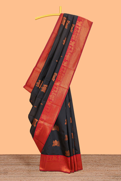 Black pallakku design zari buttas litchi silk saree with contrast zari border and blouse