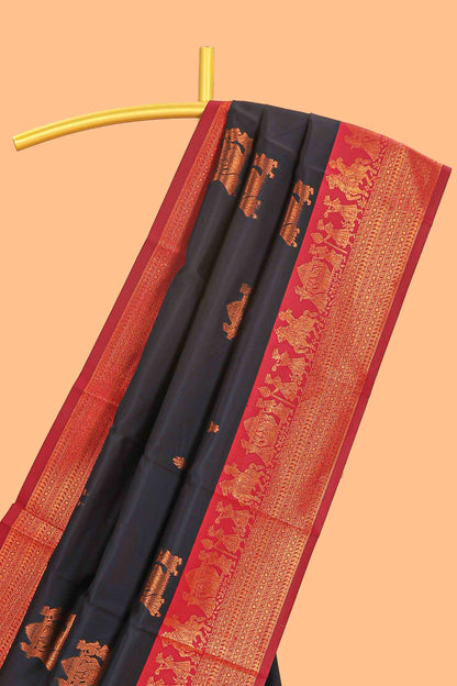 Black pallakku design zari buttas litchi silk saree with contrast zari border and blouse
