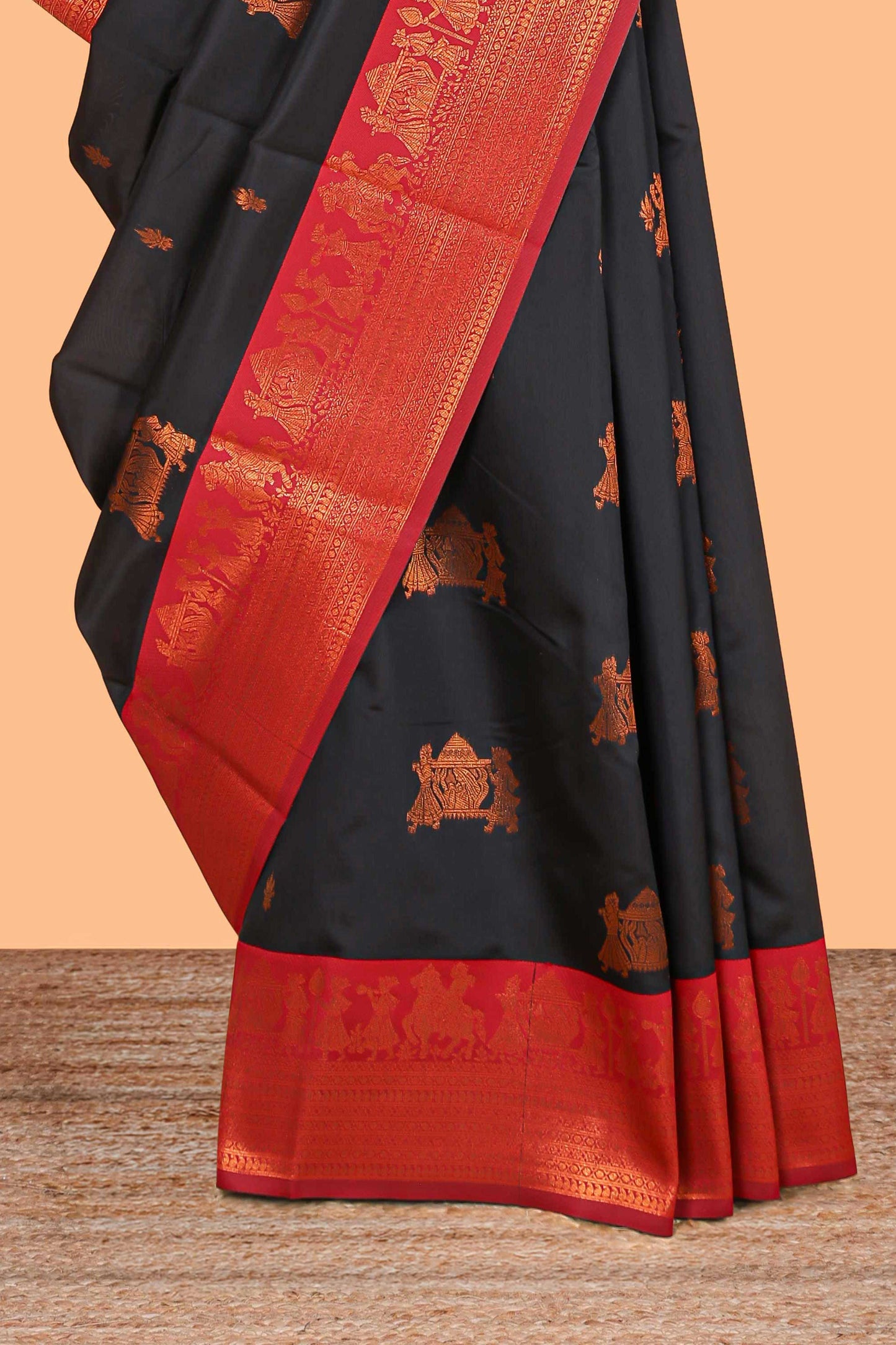 Black pallakku design zari buttas litchi silk saree with contrast zari border and blouse