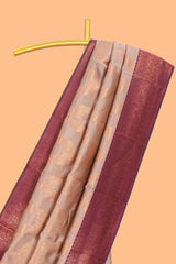 Beige chevron zari design litchi silk saree with contrast zari design border and contrast blouse
