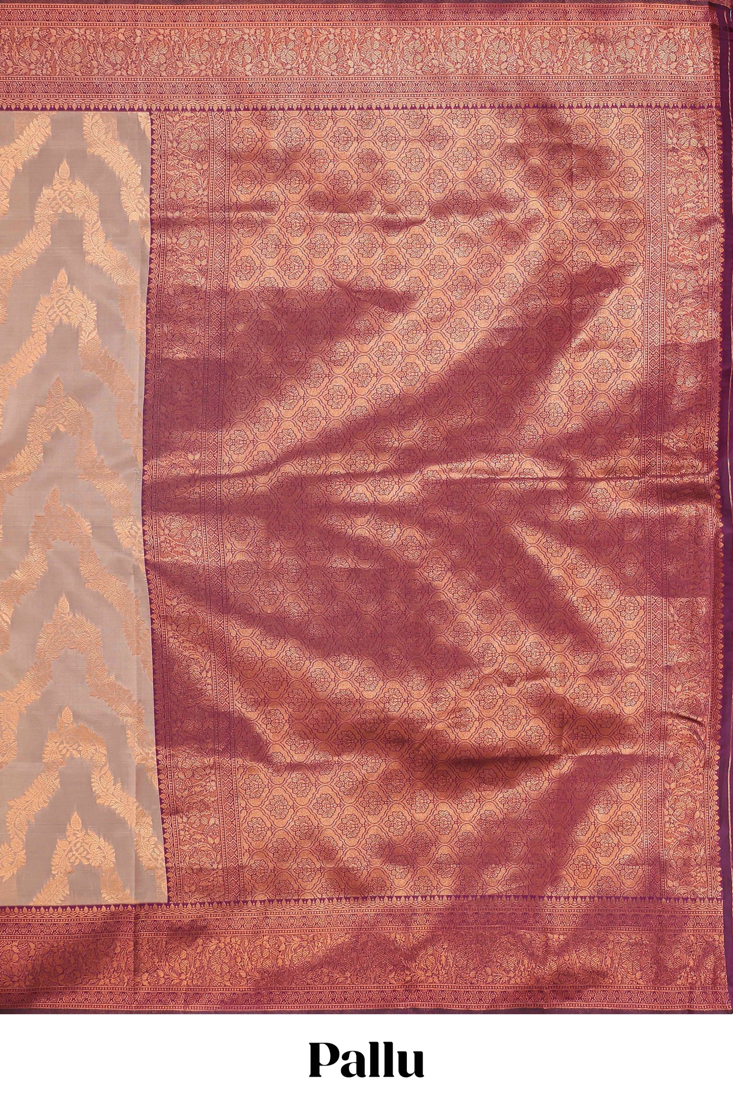 Beige chevron zari design litchi silk saree with contrast zari design border and contrast blouse