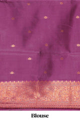 Beige chevron zari design litchi silk saree with contrast zari design border and contrast blouse