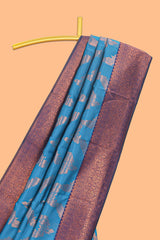 Blue chevron zari design litchi silk saree with contrast zari design border and contrast blouse