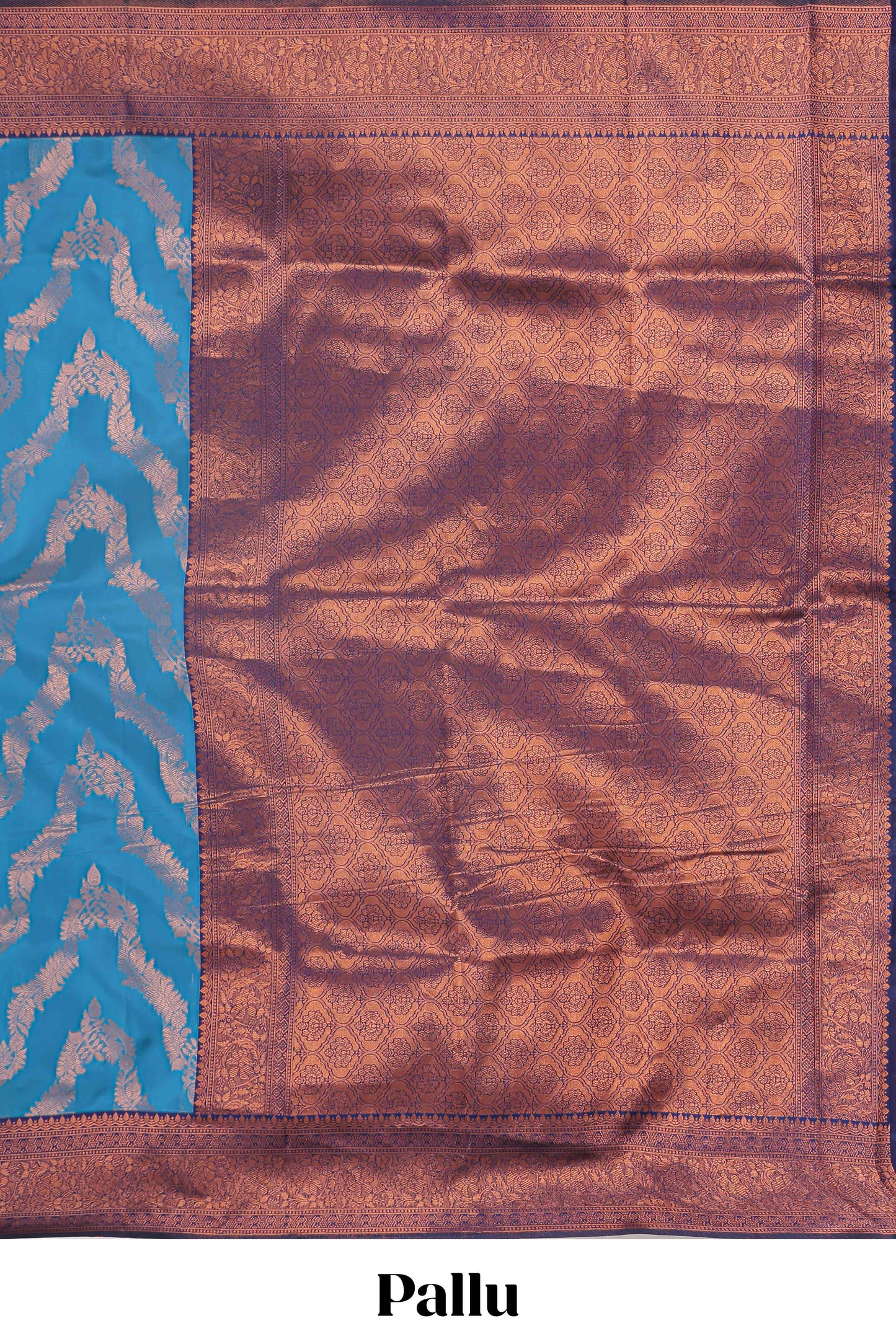 Blue chevron zari design litchi silk saree with contrast zari design border and contrast blouse
