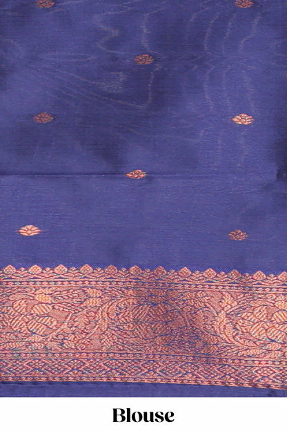 Blue chevron zari design litchi silk saree with contrast zari design border and contrast blouse