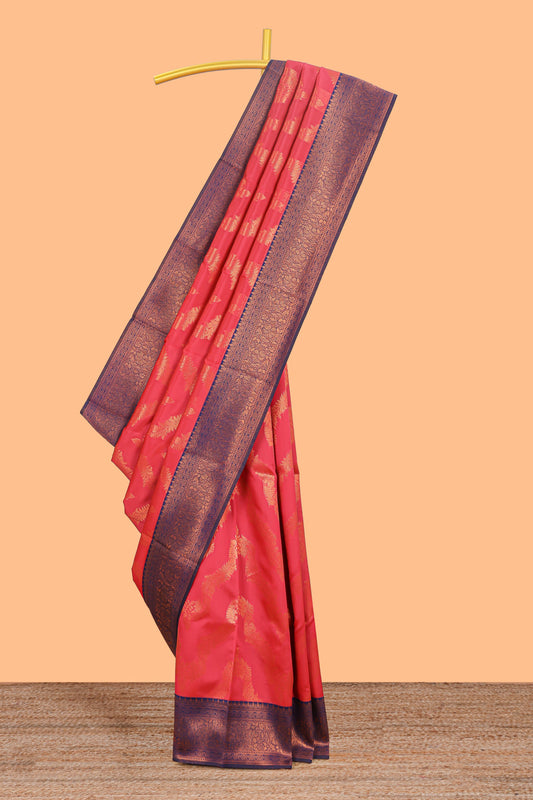 Red chevron zari design litchi silk saree with contrast zari design border and contrast blouse