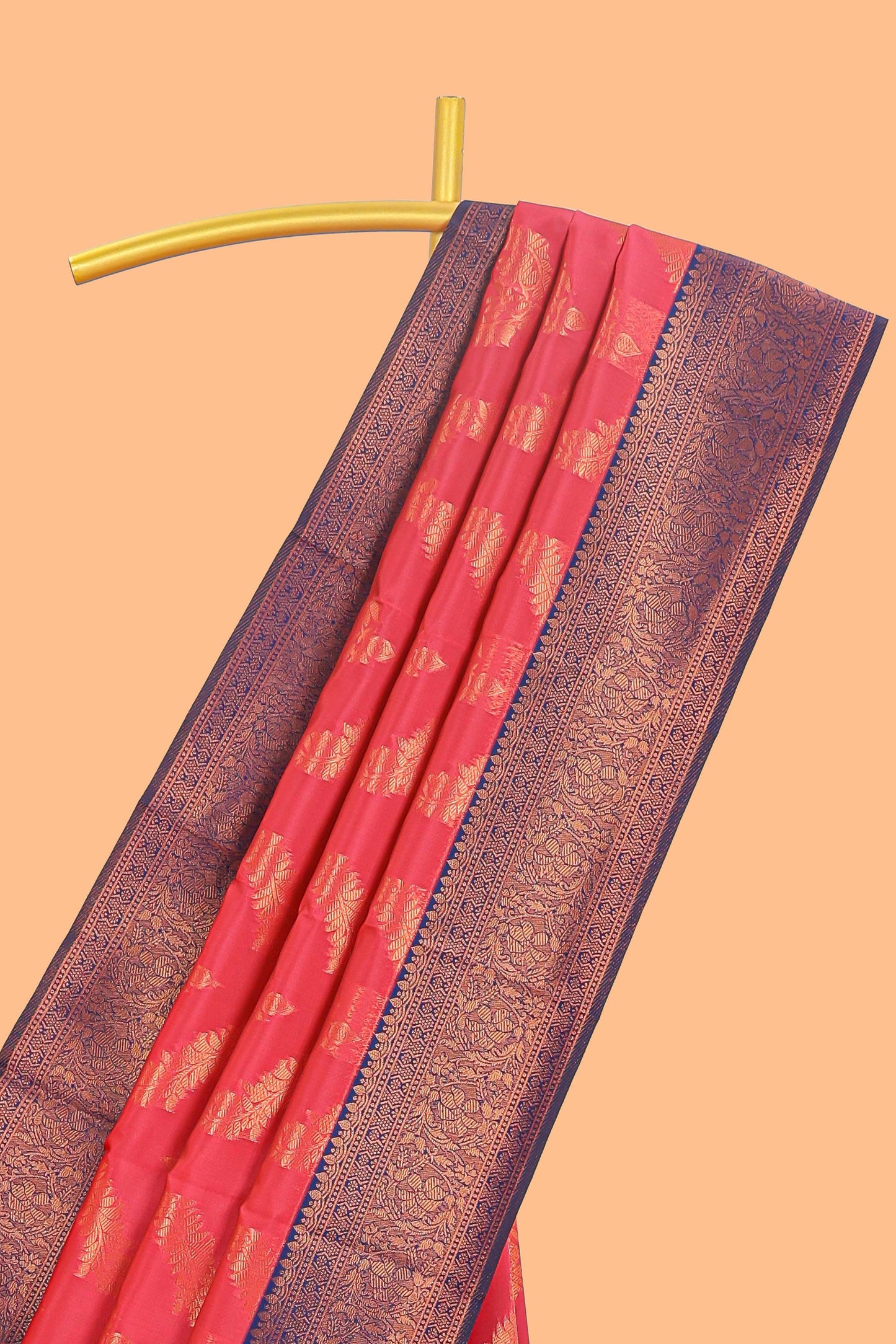 Red chevron zari design litchi silk saree with contrast zari design border and contrast blouse