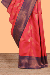 Red chevron zari design litchi silk saree with contrast zari design border and contrast blouse