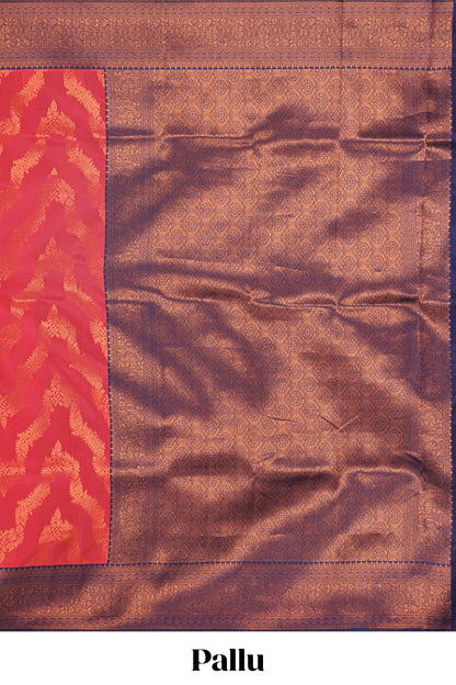 Red chevron zari design litchi silk saree with contrast zari design border and contrast blouse