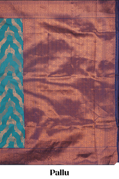 Jade green chevron zari design litchi silk saree with contrast zari design border and contrast blouse