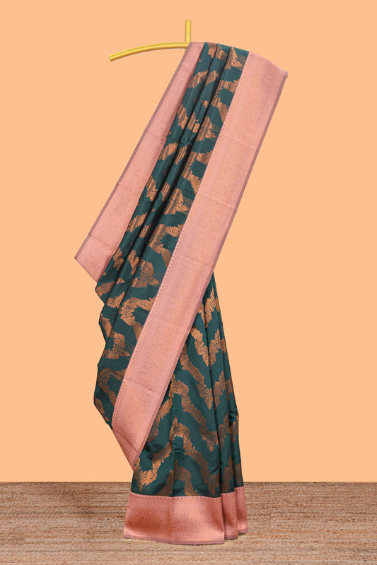 Green chevron zari design litchi silk saree with contrast zari design border and contrast blouse