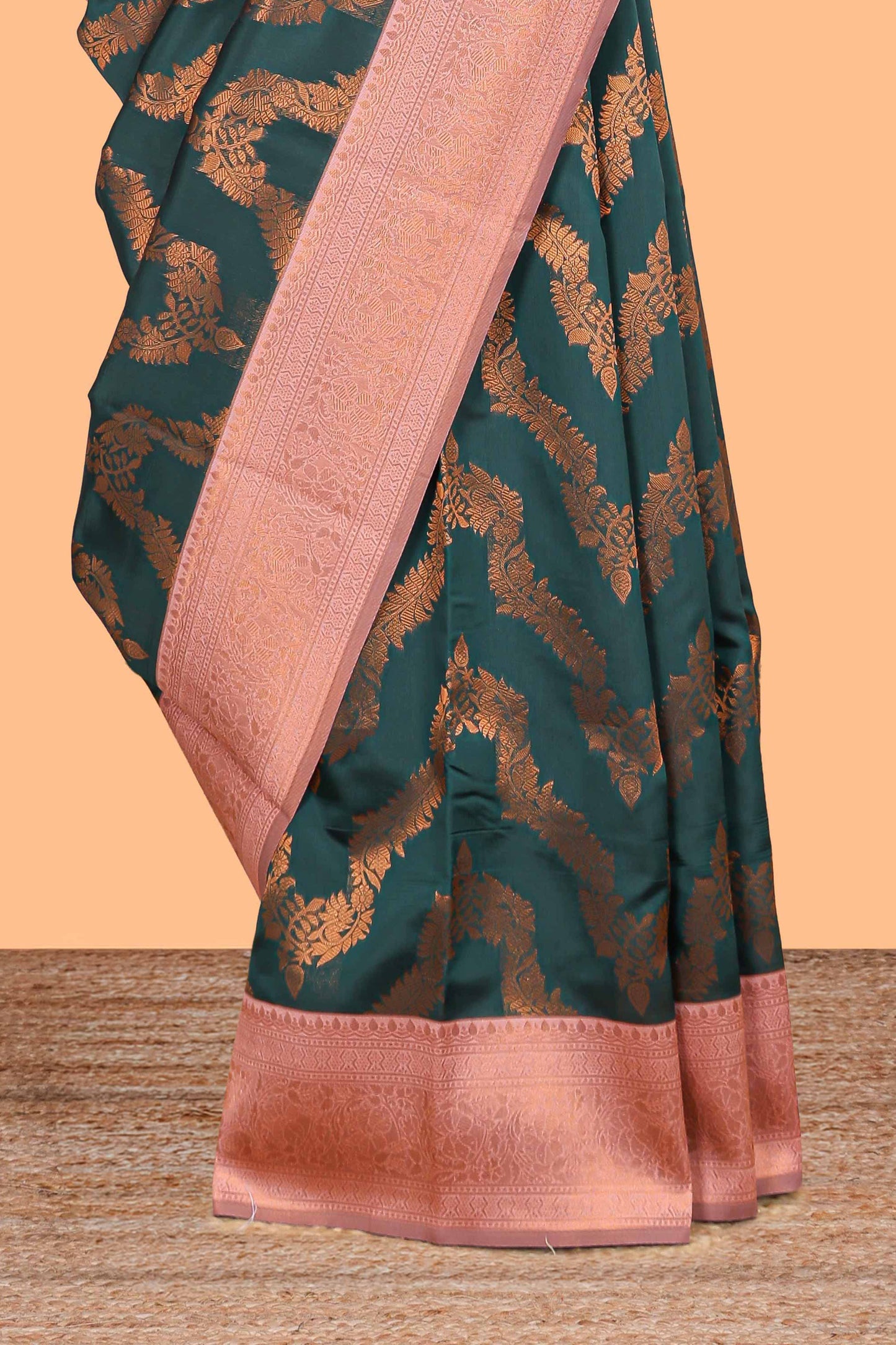 Green chevron zari design litchi silk saree with contrast zari design border and contrast blouse