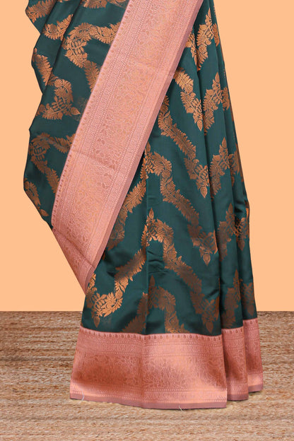 Green chevron zari design litchi silk saree with contrast zari design border and contrast blouse