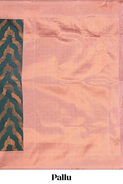 Green chevron zari design litchi silk saree with contrast zari design border and contrast blouse