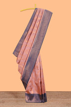 Pink chevron zari design litchi silk saree with contrast zari design border and contrast blouse