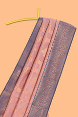 Pink chevron zari design litchi silk saree with contrast zari design border and contrast blouse