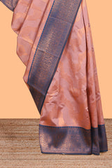 Pink chevron zari design litchi silk saree with contrast zari design border and contrast blouse