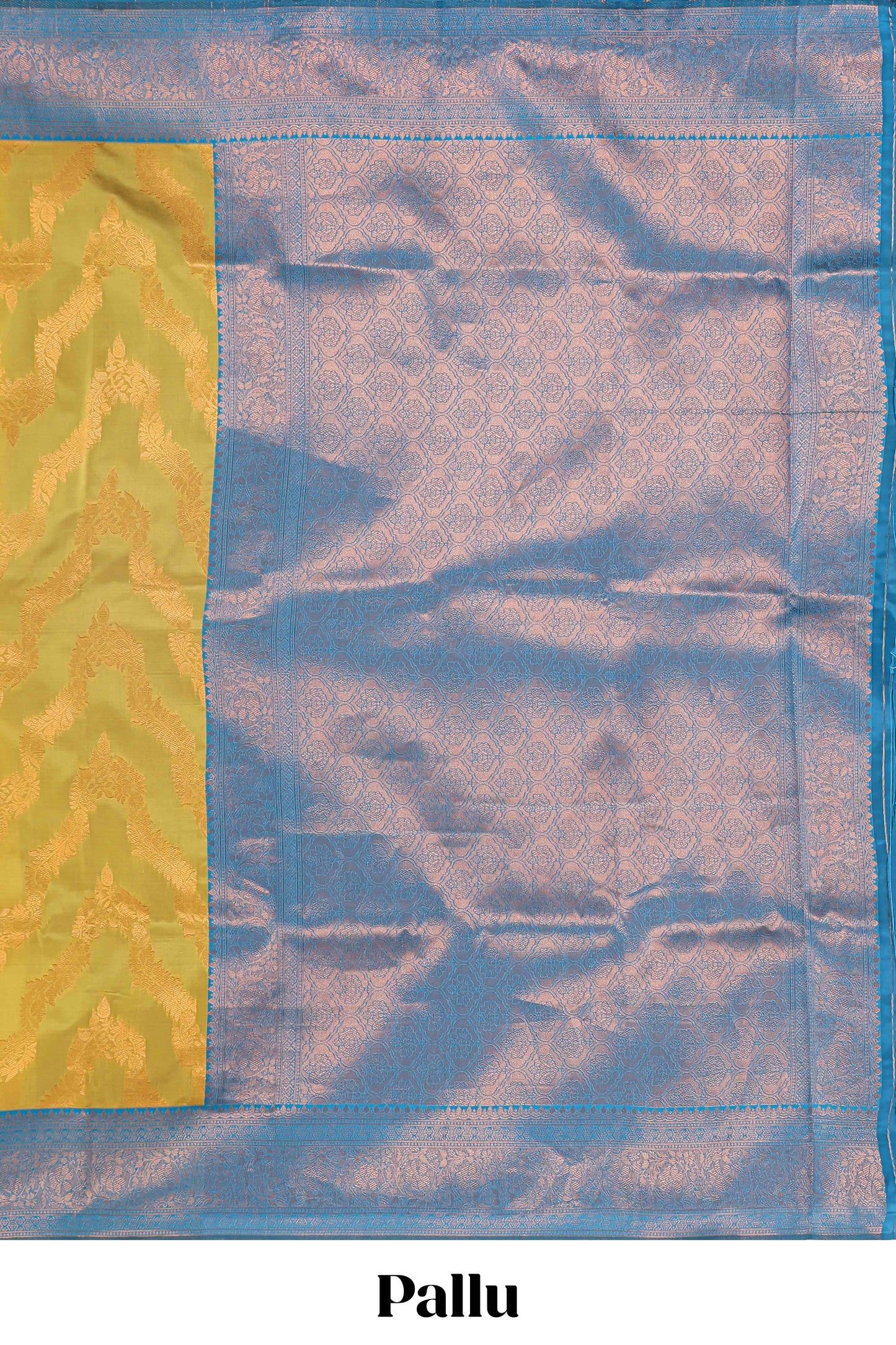Mustard chevron zari design litchi silk saree with contrast zari design border and contrast blouse