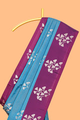 Blue striped floral zari design litchi silk saree with contrast zari design border and plain blouse