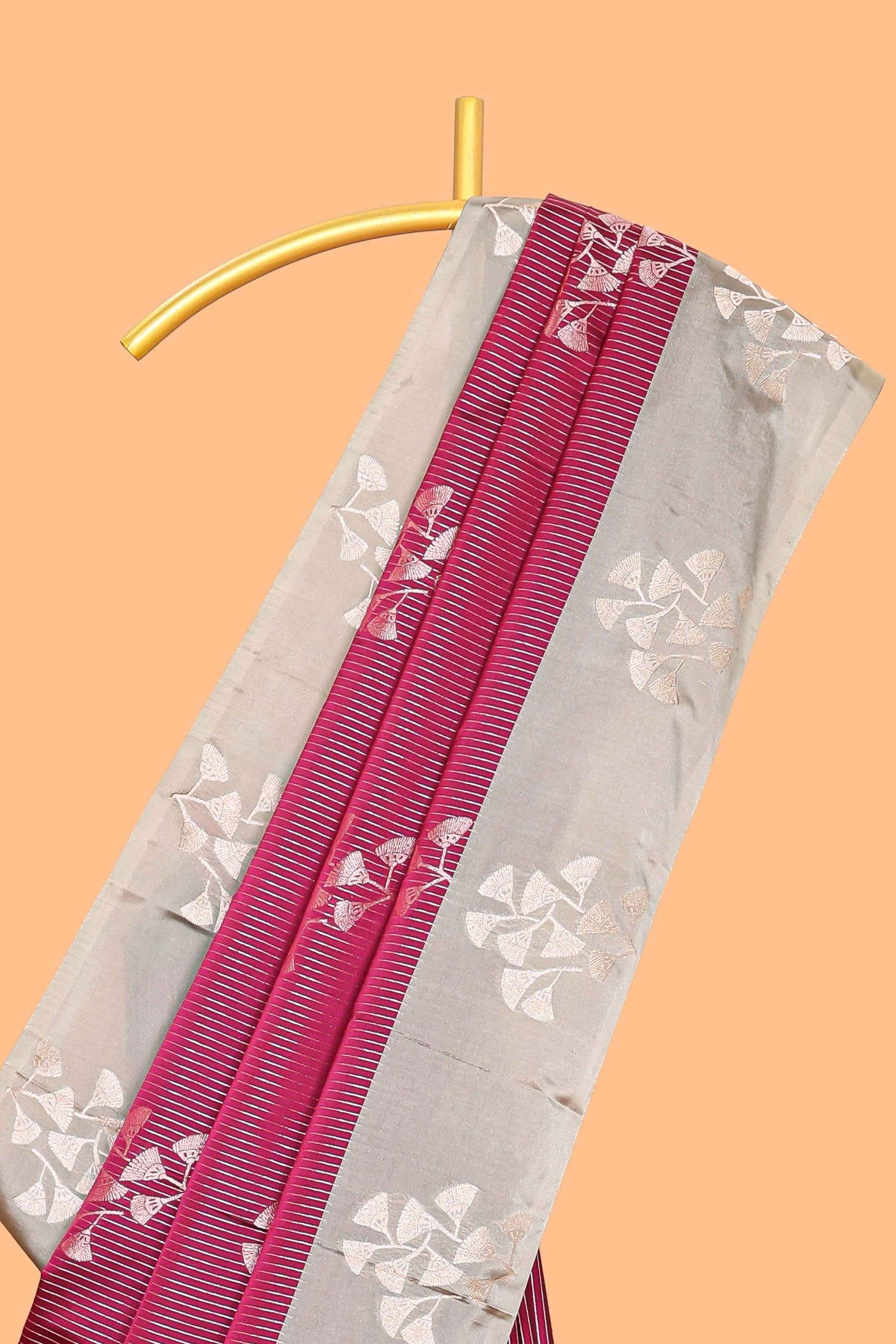 Maroon striped floral zari design litchi silk saree with contrast zari design border and plain blouse