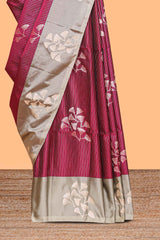Maroon striped floral zari design litchi silk saree with contrast zari design border and plain blouse