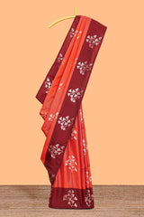 Orange striped floral zari design litchi silk saree with contrast zari design border and plain blouse