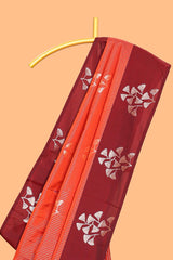 Orange striped floral zari design litchi silk saree with contrast zari design border and plain blouse