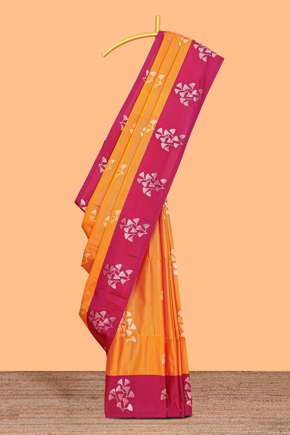 Mustard striped floral zari design litchi silk saree with contrast zari design border and plain blouse