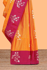 Mustard striped floral zari design litchi silk saree with contrast zari design border and plain blouse