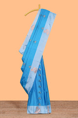 Blue zari motifs design litchi silk saree with contrast zari design border and plain blouse