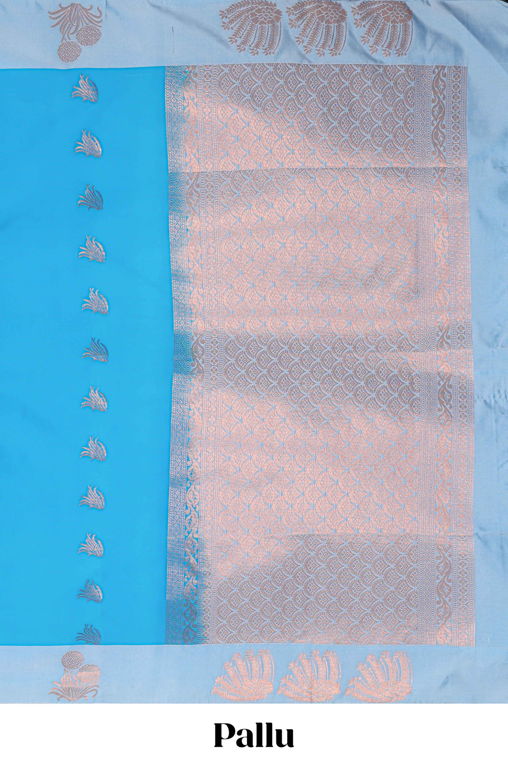 Blue zari motifs design litchi silk saree with contrast zari design border and plain blouse