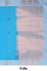 Blue zari motifs design litchi silk saree with contrast zari design border and plain blouse