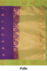 Purple zari motifs design litchi silk saree with contrast zari design border and plain blouse