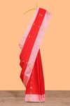 Red zari motifs design litchi silk saree with contrast zari design border and plain blouse