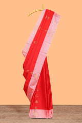 Red zari motifs design litchi silk saree with contrast zari design border and plain blouse
