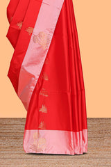 Red zari motifs design litchi silk saree with contrast zari design border and plain blouse