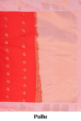 Red zari motifs design litchi silk saree with contrast zari design border and plain blouse