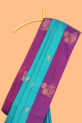 Ocean blue zari motifs design litchi silk saree with contrast zari design border and plain blouse