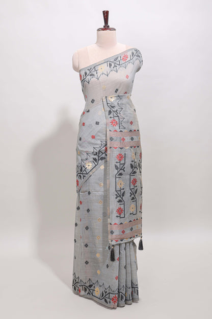 Grey floral motifs munga cotton saree with self border matching blouse