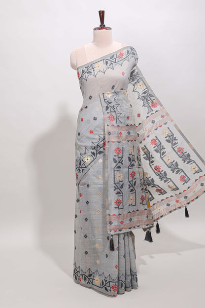 Grey floral motifs munga cotton saree with self border matching blouse