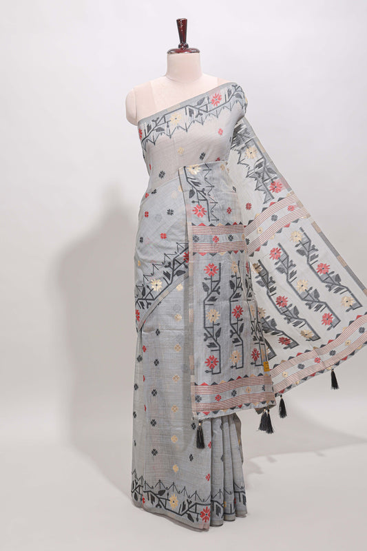 Grey floral motifs munga cotton saree with self border matching blouse