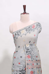 Grey floral motifs munga cotton saree with self border matching blouse