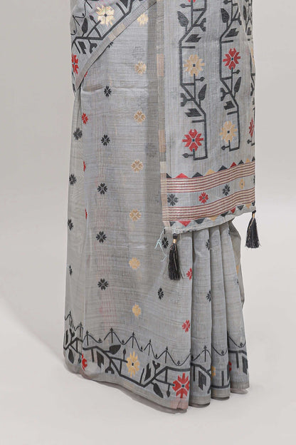 Grey floral motifs munga cotton saree with self border matching blouse