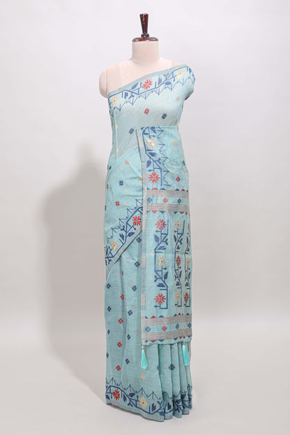 Blue floral motifs munga cotton saree with self border matching blouse