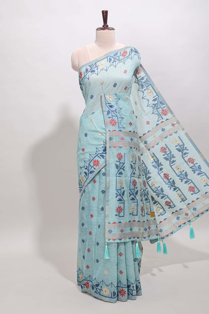 Blue floral motifs munga cotton saree with self border matching blouse
